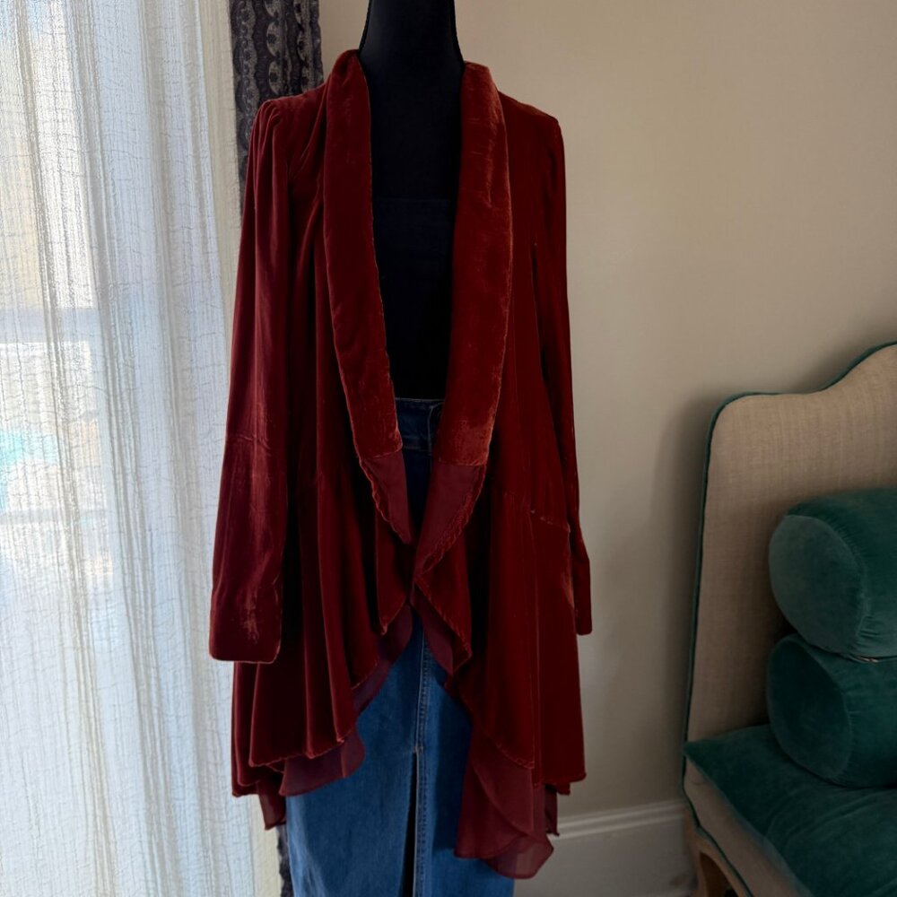 Rare Free People Crushed Velvet Rust Red Swing Coat Duster Jacket Open Front S - Picture 4 of 8